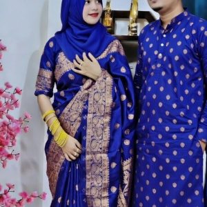 জাপানি সিল্ক শাড়ী পাঞ্জাবি ব্লাউজ পিস নীল কালারের